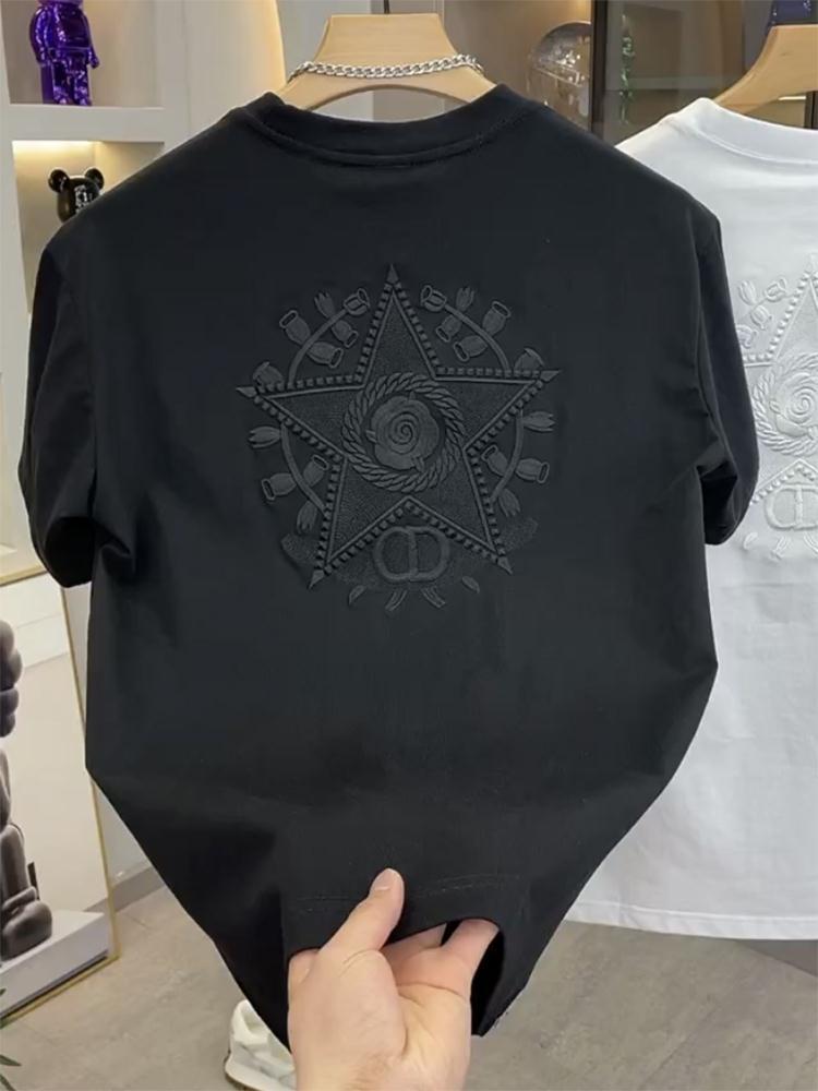 2023夏季潮流時尚刺繡男士短袖t恤圓領百搭寬鬆顯瘦半袖打底上衣