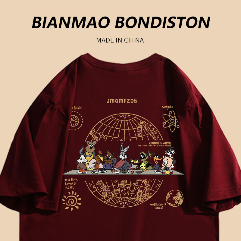College style chic American high street wine red short-sleeved ins vintage Korean summer new cotton cartoon T-shirt tide
