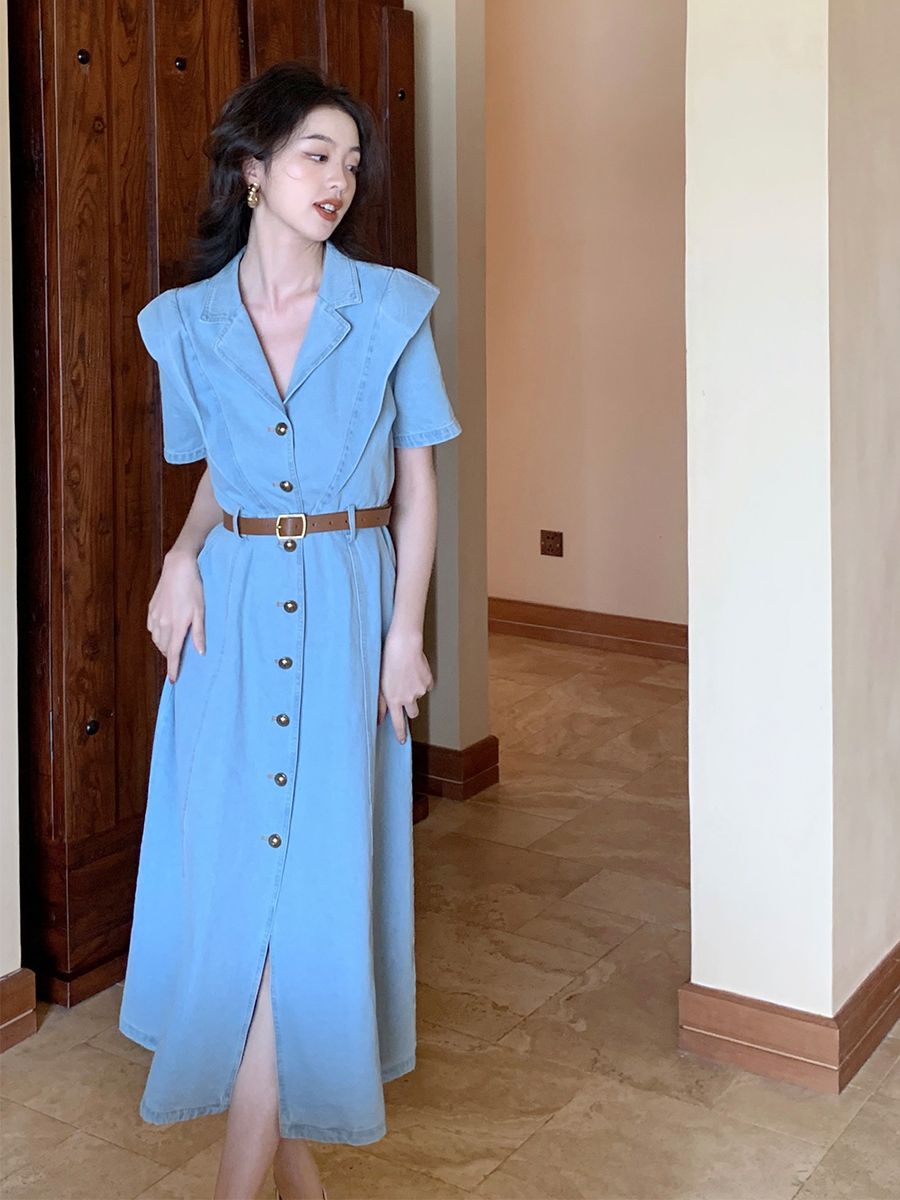  modern girl Hong Kong style lapel short-sleeved denim dress women's belt waist slim temperament long skirt