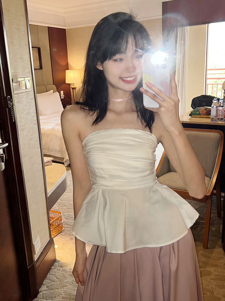 花田櫥窗HTmeme褶皺抹胸上衣女夏季新款法式小眾別致顯瘦露肩背心