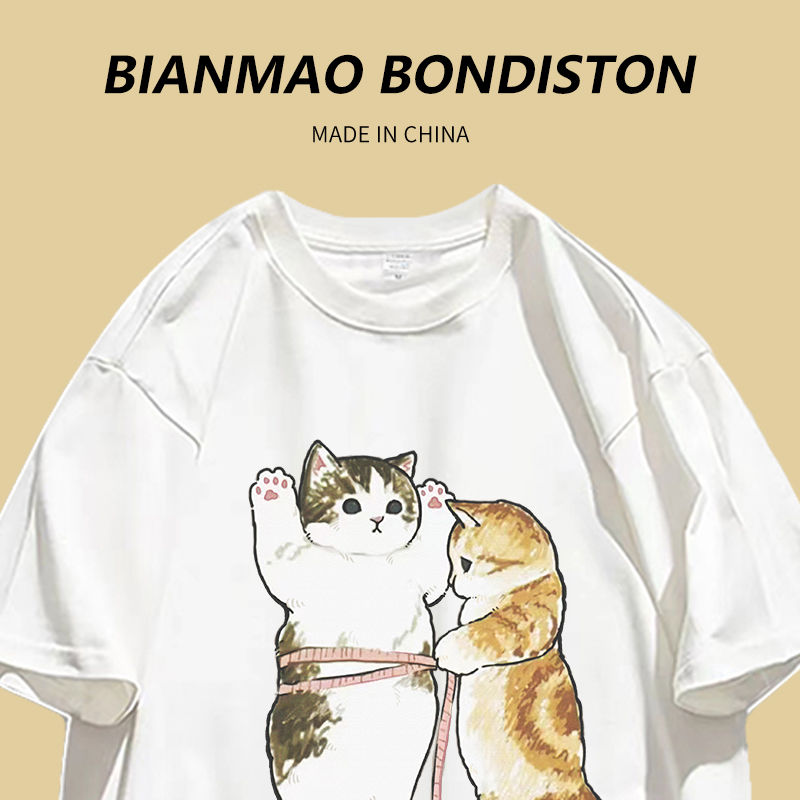 2023 fun Hong Kong style hiphop cat cat printing loose and thin summer new couple wear short-sleeved T-shirt ins