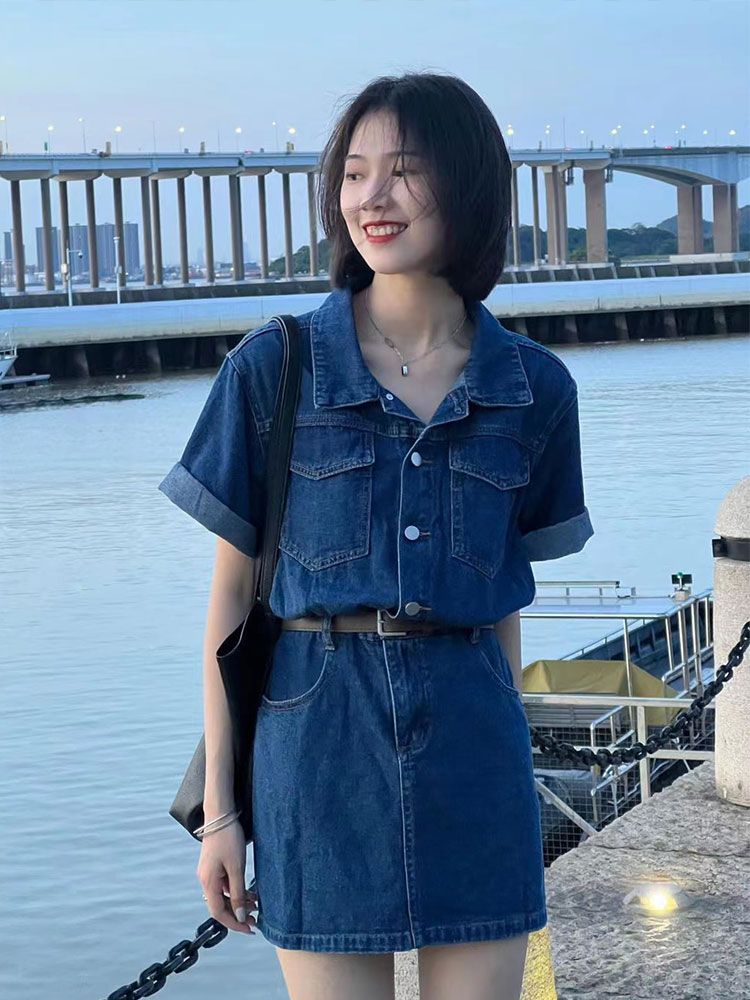 Hong Kong style retro denim a-line dress female summer niche waist slimming short skirt small polo short-sleeved skirt