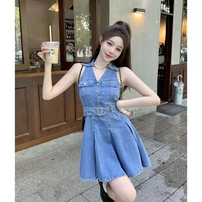 Denim skirt design sense halterneck skirt niche short section small pleated skirt dress halterneck pleated skirt slim