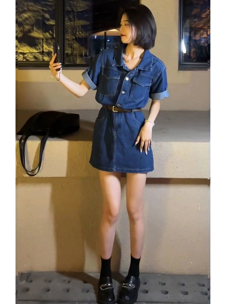 Hong Kong style retro denim a-line dress female summer niche waist slimming short skirt small polo short-sleeved skirt