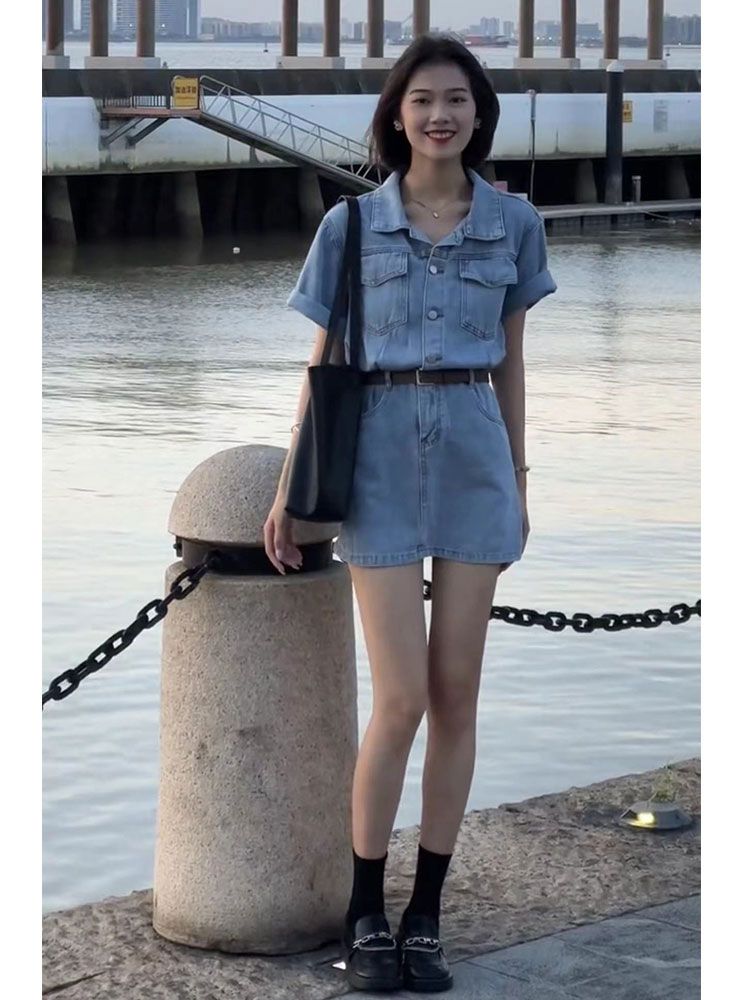 Hong Kong style retro denim a-line dress female summer niche waist slimming short skirt small polo short-sleeved skirt