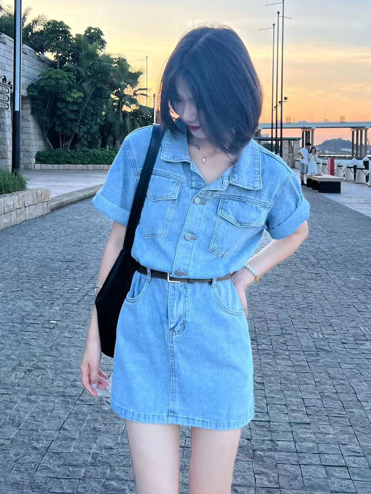 Hong Kong style retro denim a-line dress female summer niche waist slimming short skirt small polo short-sleeved skirt