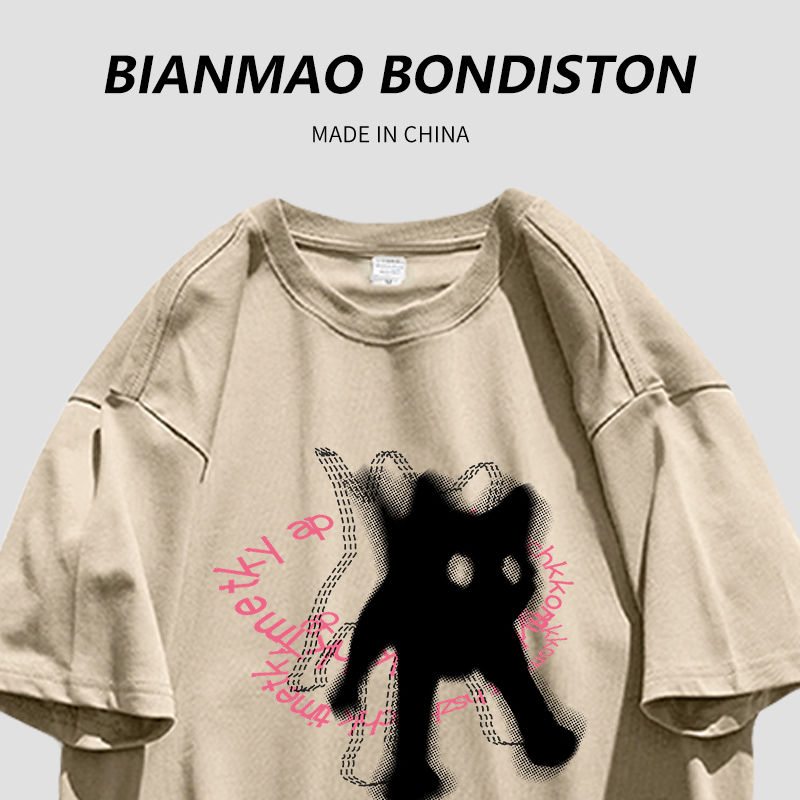 Creative hiphop cartoon black cat tide brand all-match top loose summer khaki short-sleeved T-shirt ins men and women