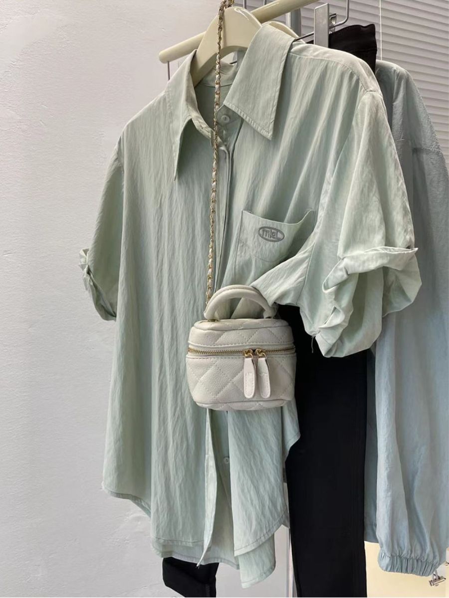 法式薄荷綠夏季polo領刺繡字母寬鬆遮肉弧短袖襯衫外套女