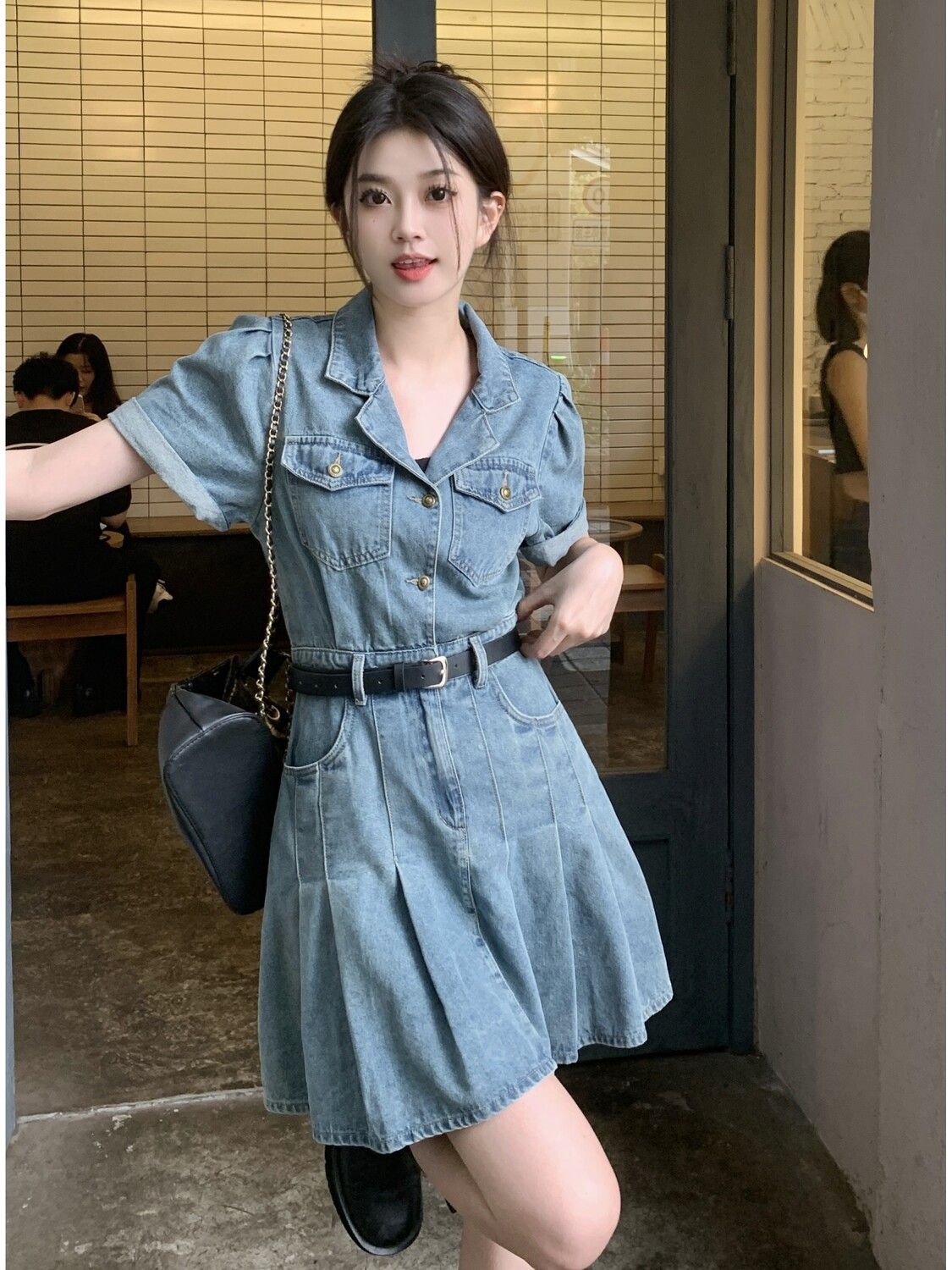 Suit collar denim pleated dress women's summer  new style small fragrant wind waist slimming short-sleeved skirt