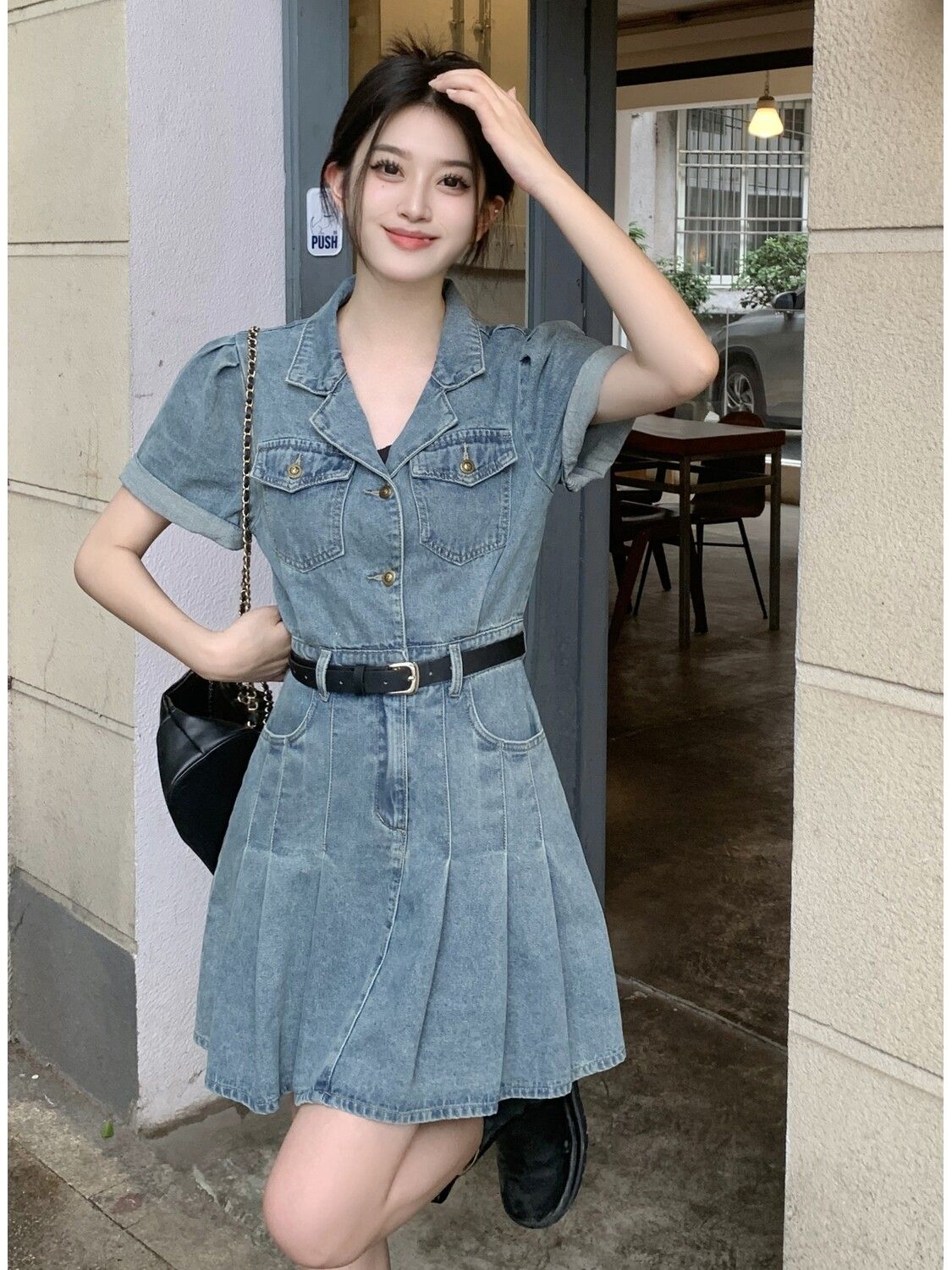 Suit collar denim pleated dress women's summer  new style small fragrant wind waist slimming short-sleeved skirt