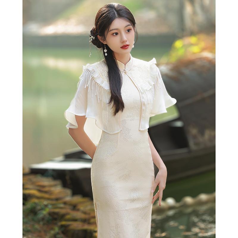 改良旗袍新款年轻款气质高端女高级感夏季白色两件套连衣裙