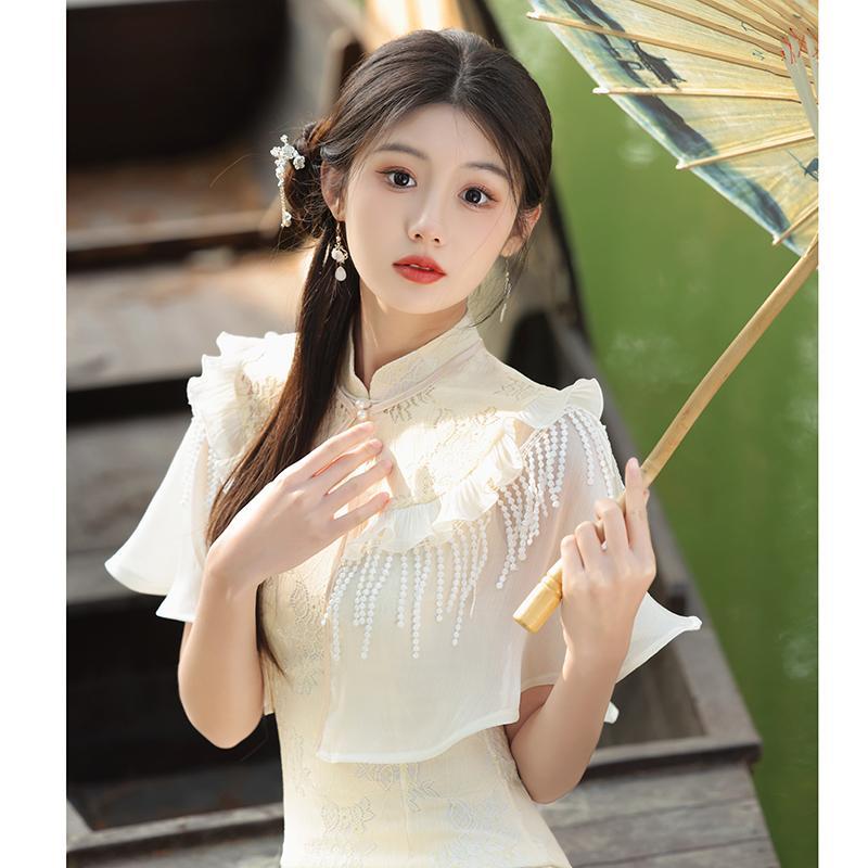 改良旗袍新款2023年輕款氣質高端女高級感夏季白色兩件套連衣裙