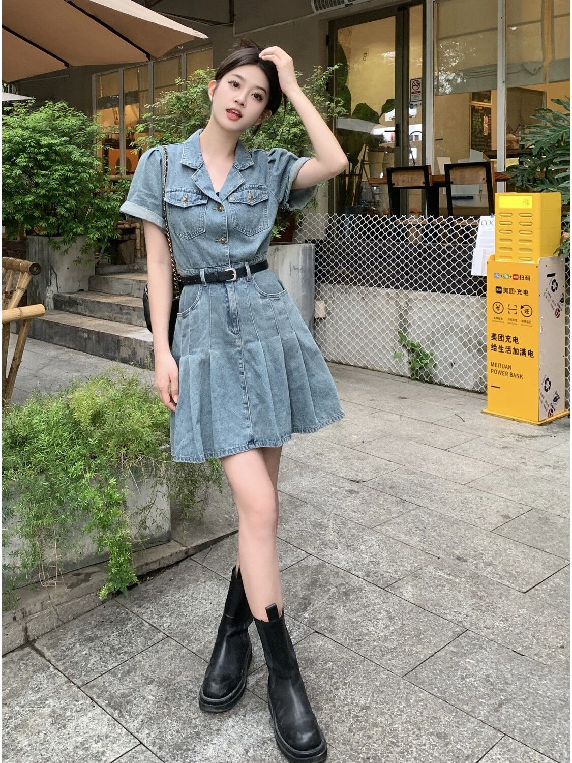 Suit collar denim pleated dress women's summer  new style small fragrant wind waist slimming short-sleeved skirt