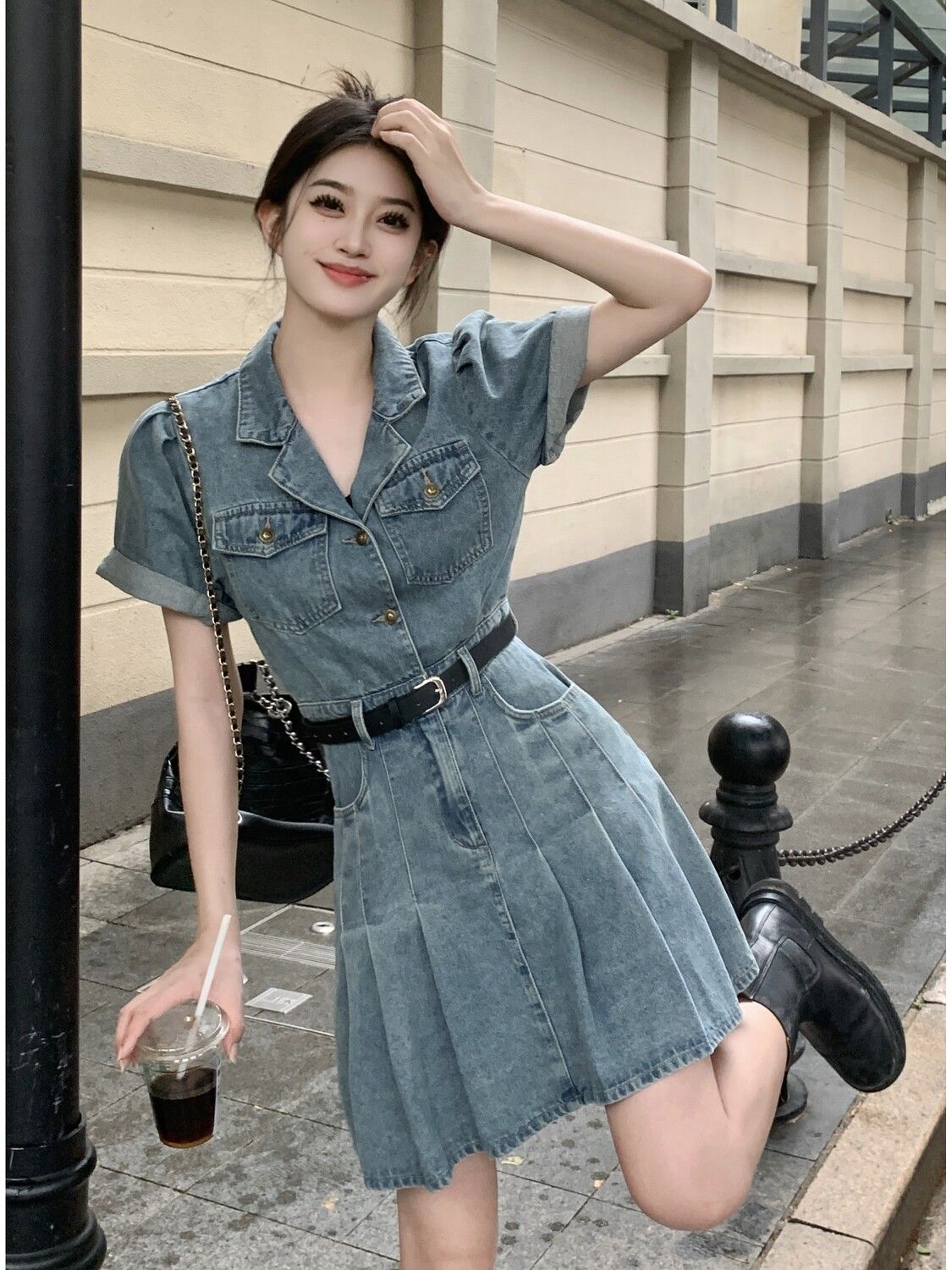 Suit collar denim pleated dress women's summer  new style small fragrant wind waist slimming short-sleeved skirt