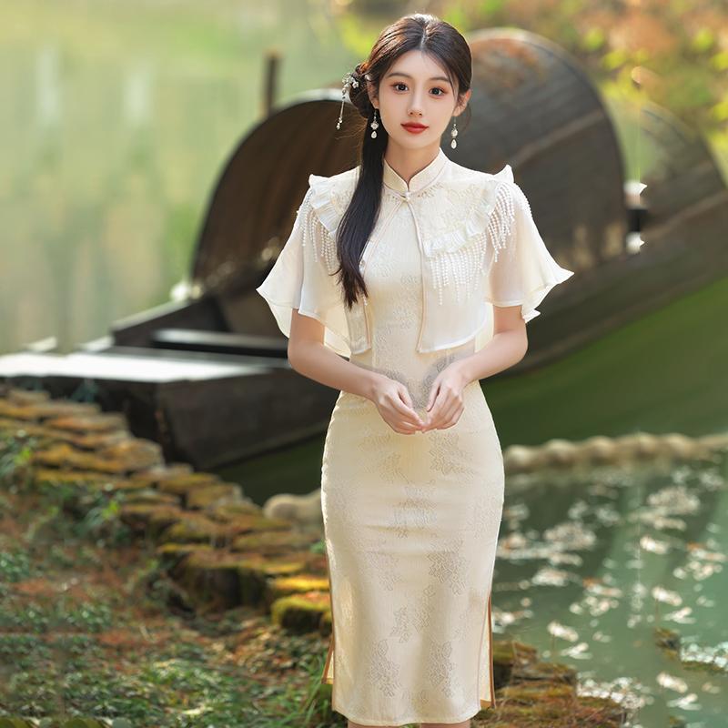 改良旗袍新款年轻款气质高端女高级感夏季白色两件套连衣裙
