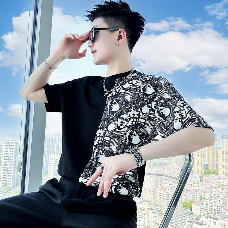 Short-sleeved T-shirt men's summer ruffian handsome trendy brand stitching high-end men's clothing  new half-sleeved men's T-shirt top