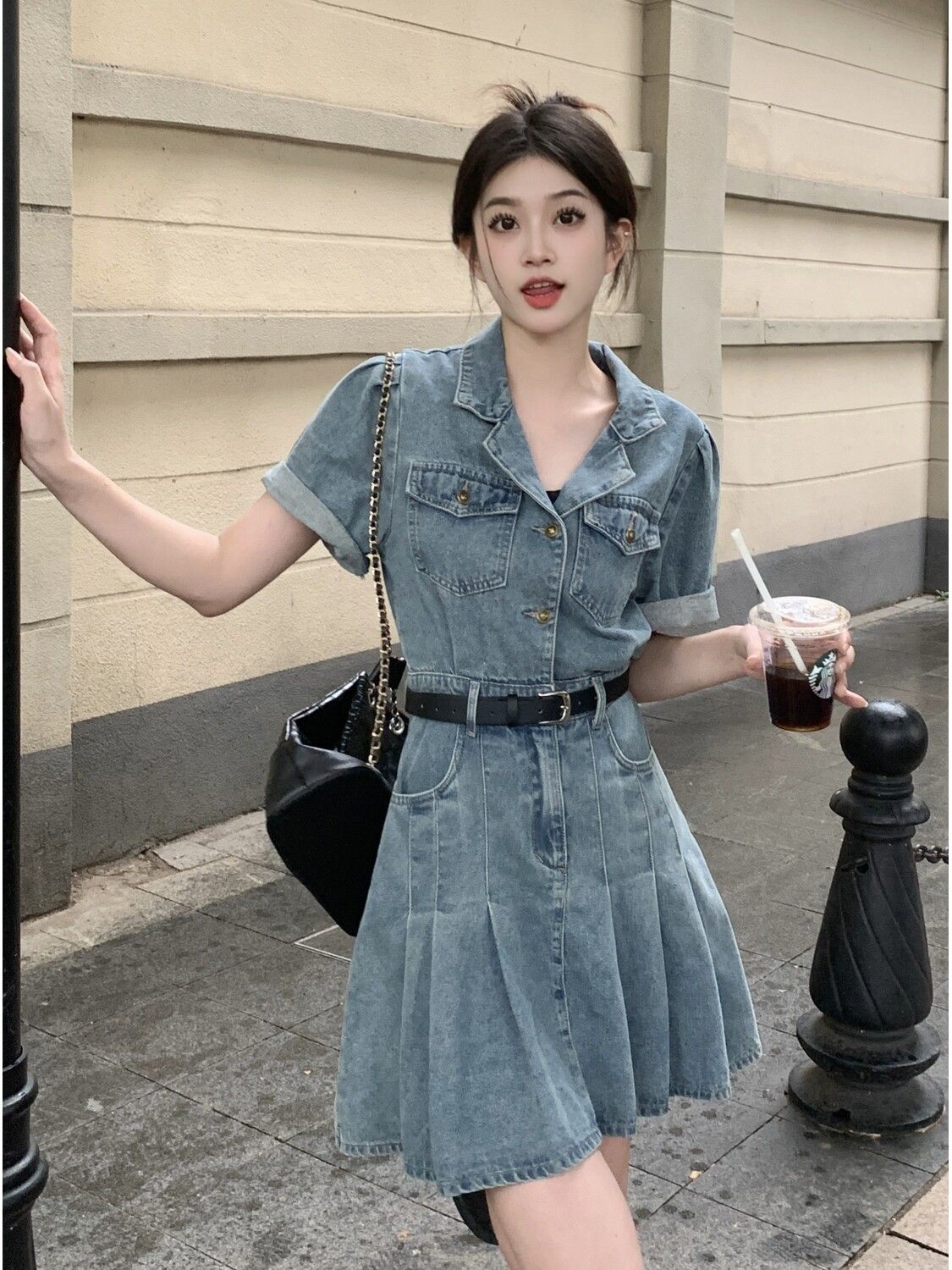 Suit collar denim pleated dress women's summer  new style small fragrant wind waist slimming short-sleeved skirt