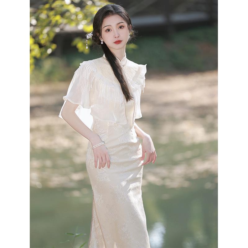 改良旗袍2023新款高端氣質蕾絲仙氣少女年輕款披肩套裝復古素雅夏
