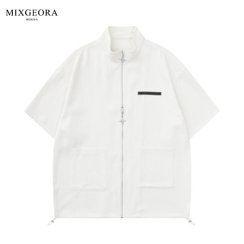 MIX GEORA高级感华夫格双拉链衬衫男短袖薄款宽松夏季五分袖衬衣