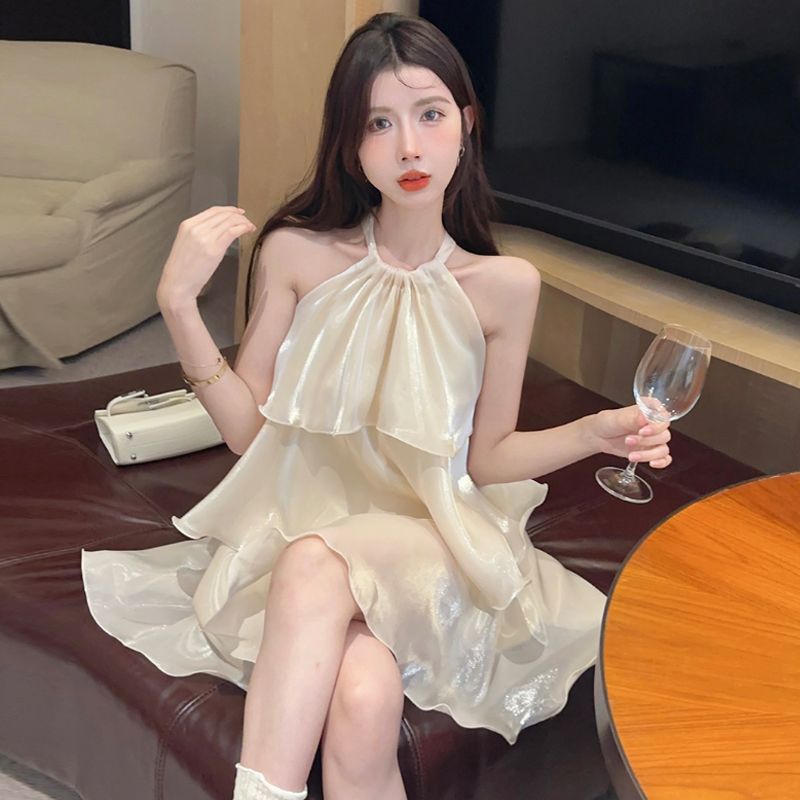 溫柔風氣質甜美掛脖露肩仙女裙寬鬆顯瘦荷葉邊初戀風蛋糕裙連衣裙