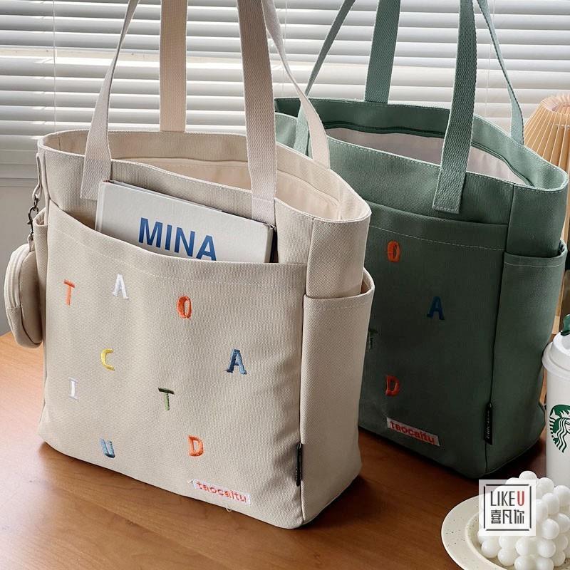 原創設計日系刺繡字母百搭通勤帆布托特包休閒文藝學生單肩手提包