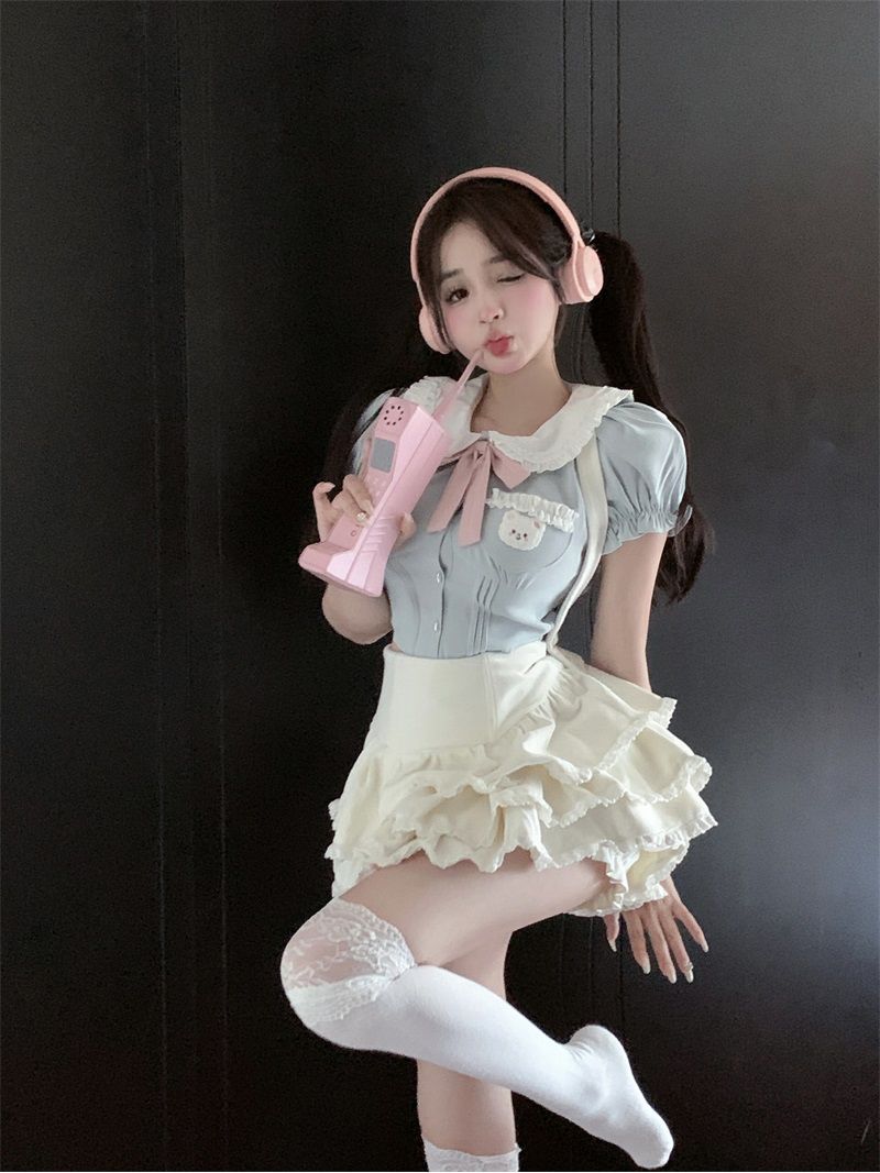 學院風娃娃領氣質短袖襯衫女裝夏季甜美泡泡袖設計感小眾短款上衣