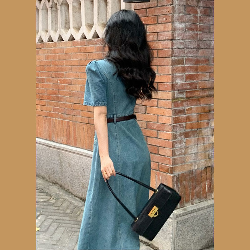 French short-sleeved denim dress women's summer  new design sense niche waist slimming temperament long skirt