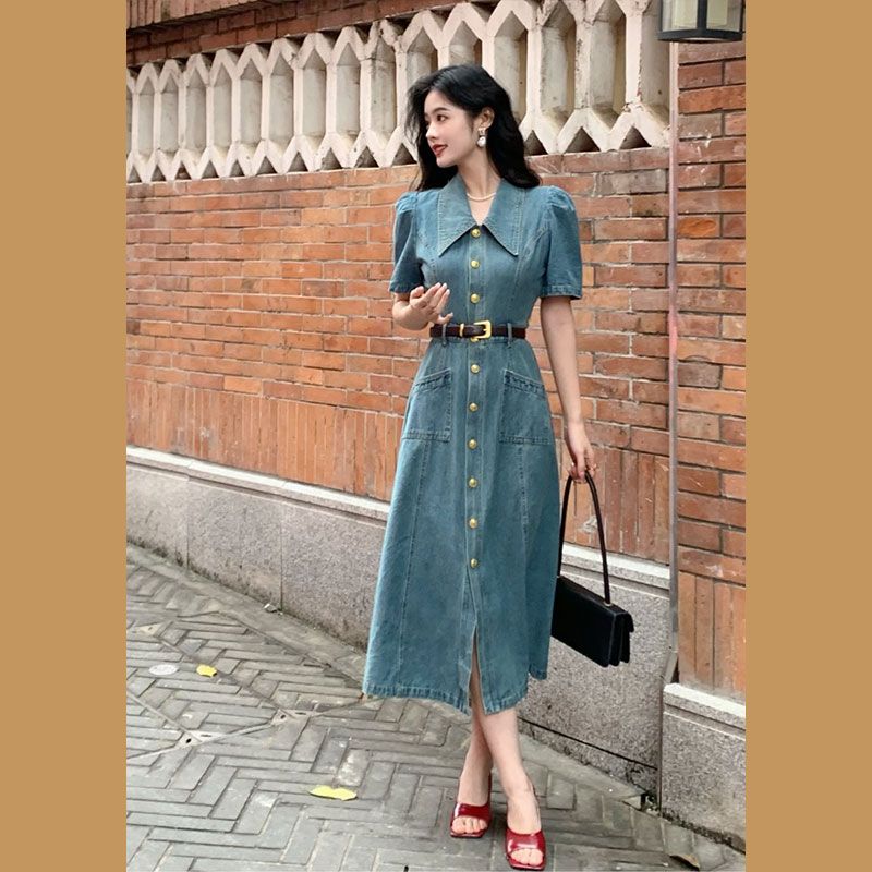 French short-sleeved denim dress women's summer  new design sense niche waist slimming temperament long skirt