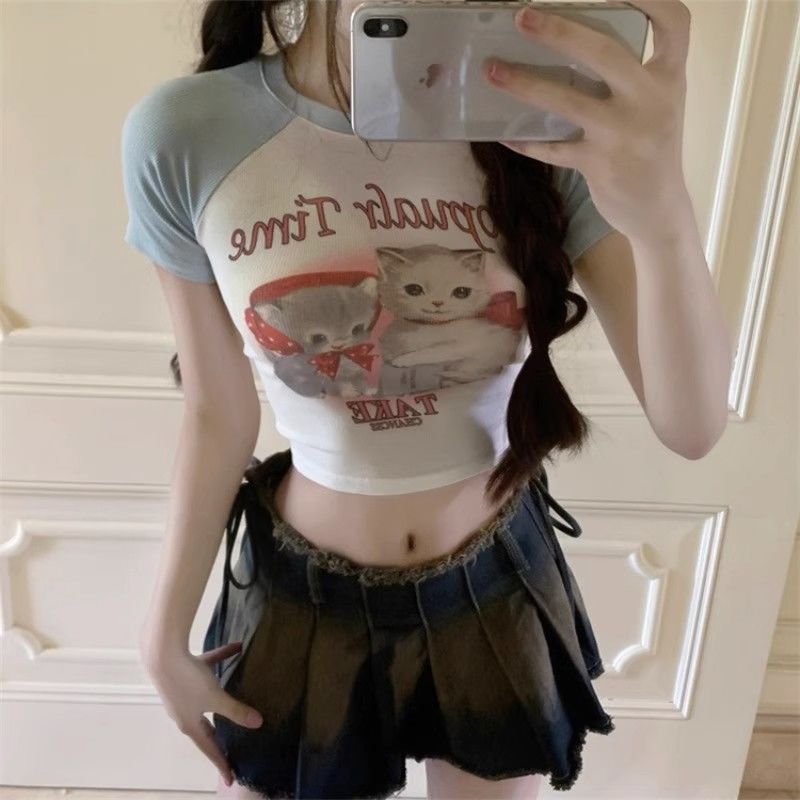 [Positive Shoulder Cotton] Spice Girl Contrasting Color Raglan Short-sleeved T-Shirt Women's Summer Design Unique and Elegant Short Top