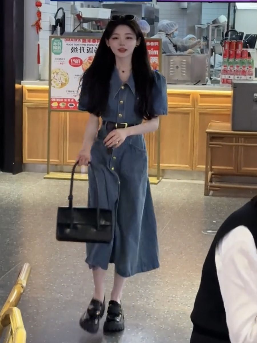 Korean style fashion girly age-reducing wear with  summer new single-breasted high-waist pocket lapel dress