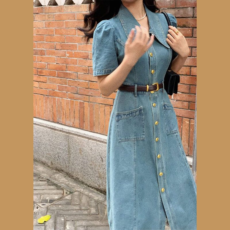 French short-sleeved denim dress women's summer  new design sense niche waist slimming temperament long skirt