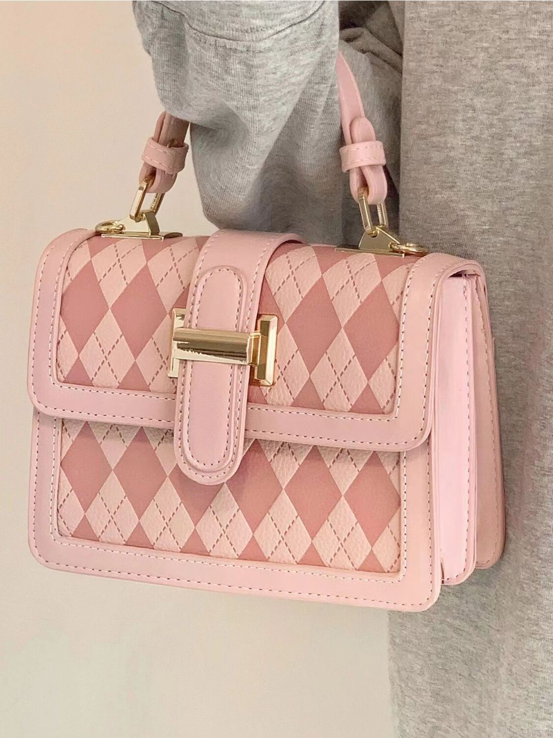 Girls' Lingge Small Square Bag  Small Design Classic Fashion Handbag Contrast Versatile One Shoulder Crossbody Bag
