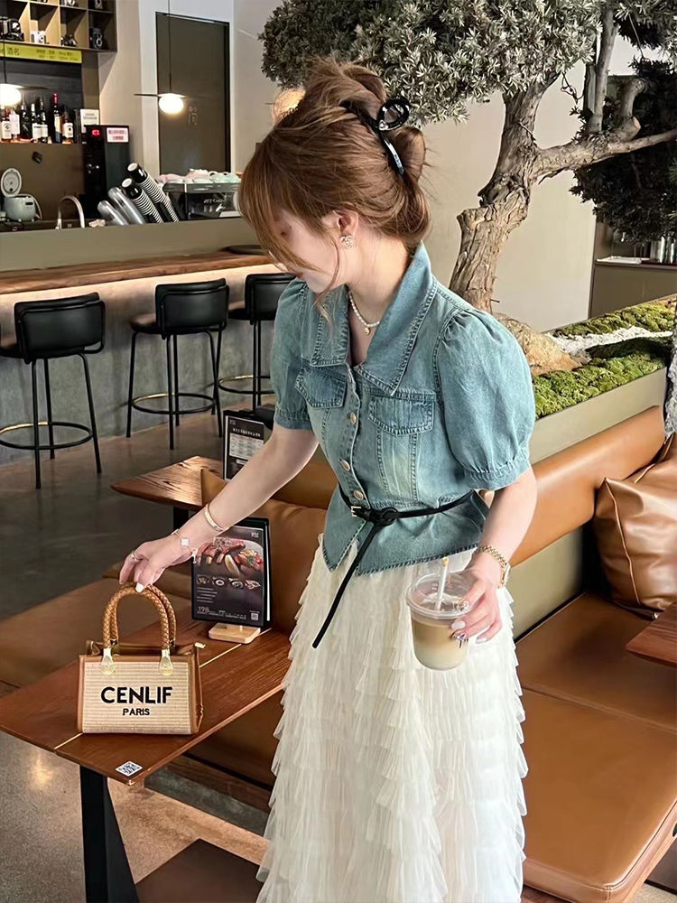 2023夏季新款層層蛋糕裙牛仔連衣裙女小個子收腰減齡兩件套套裝裙