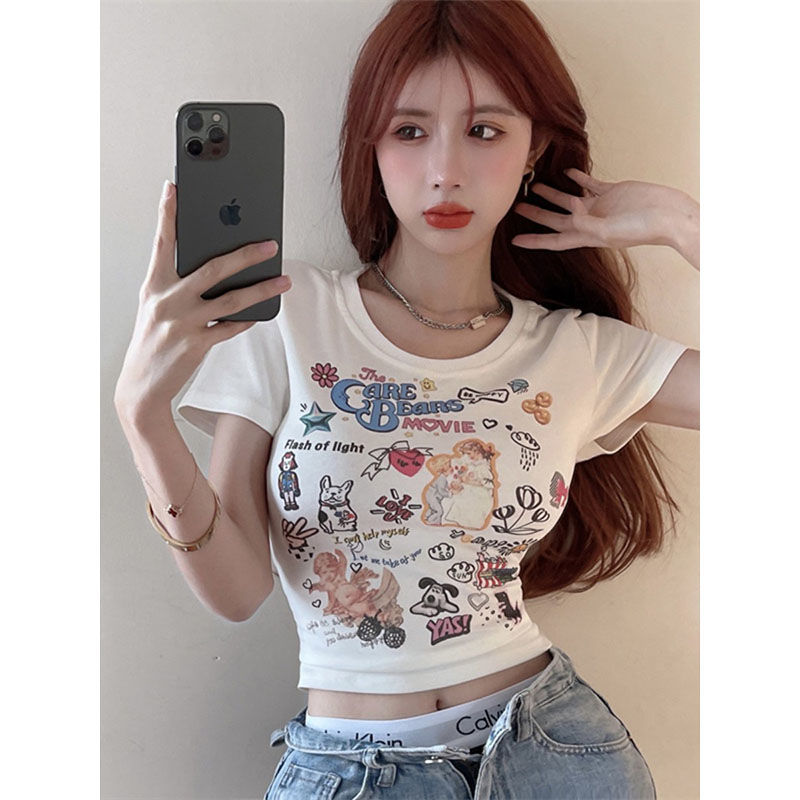[Positive shoulder pure cotton] pure desire hot girl cartoon printed short-sleeved t-shirt female ins summer new slim short top