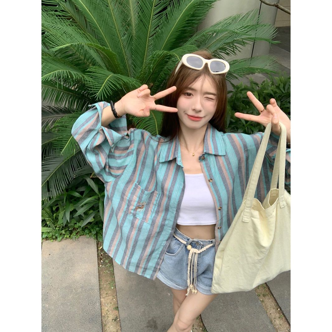 夏季2023年新款美式拼接撞色長袖襯衫男女裝百搭慵懶風復古襯衣潮