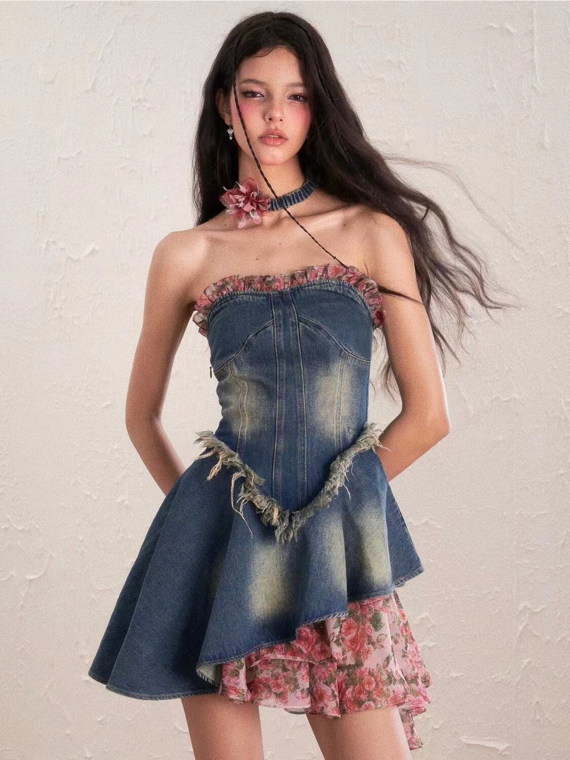  summer new small man do old rose floral splicing raw edge waist tube top denim dress spring and summer