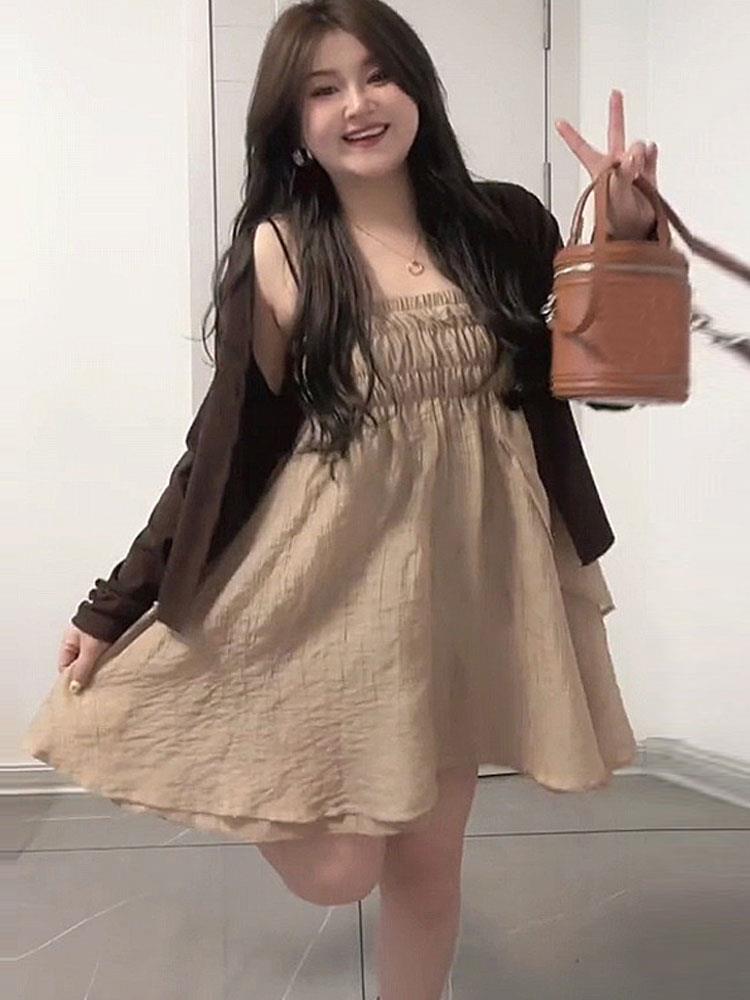 大碼女裝胖mm鬆緊抹胸不規則蓬蓬連衣裙披肩套裝2023夏季甜辣裙子