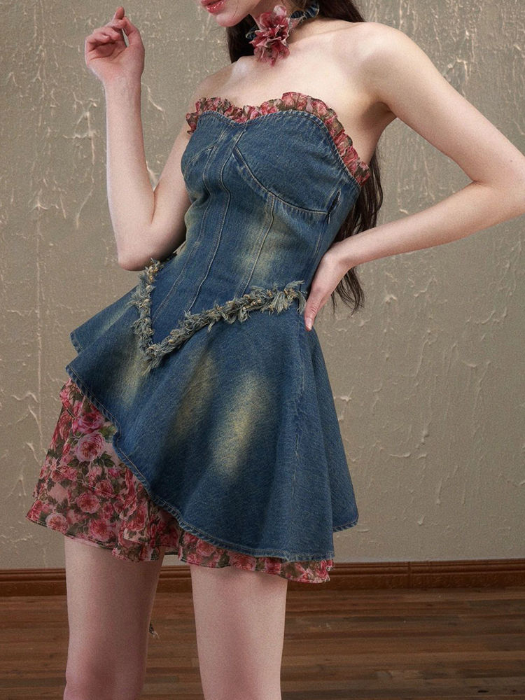  summer new French style sweet and spicy style small man looks high-purity desire temperament looks thin stitching denim dress