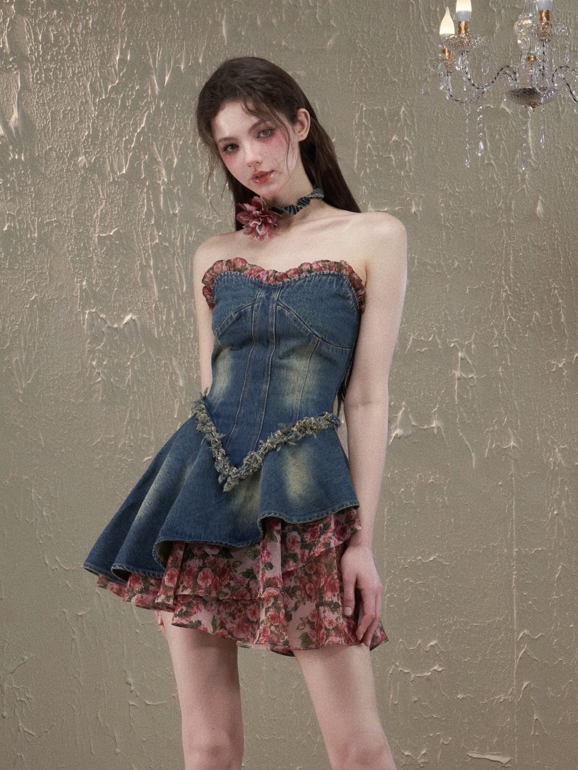  summer new small man do old rose floral splicing raw edge waist tube top denim dress spring and summer