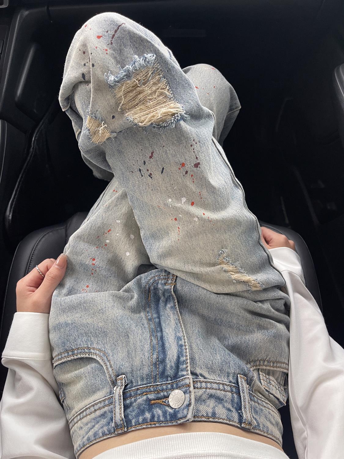 YSYOURS潑墨破洞直筒牛仔褲女夏季新款淺藍色高腰寬鬆顯瘦闊腿褲