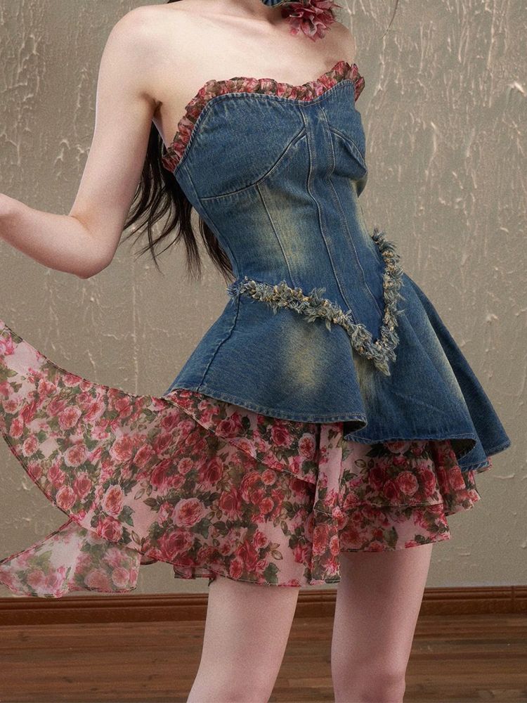  summer new French style sweet and spicy style small man looks high-purity desire temperament looks thin stitching denim dress