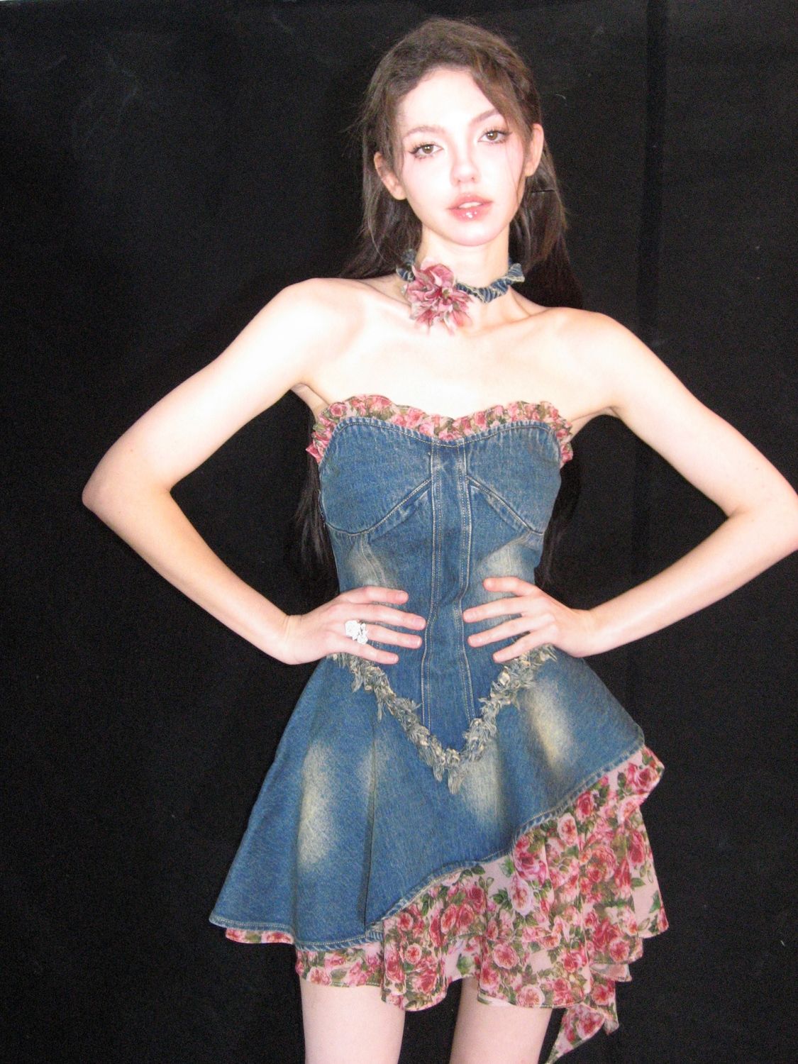  summer new small man do old rose floral splicing raw edge waist tube top denim dress spring and summer