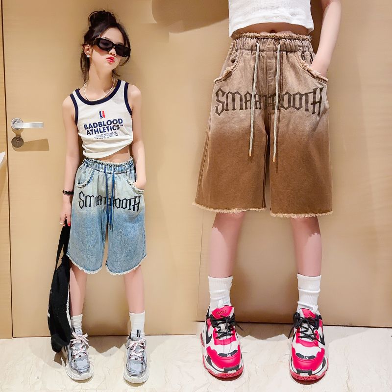 Girls' denim shorts summer thin section casual loose summer dress foreign style children's pants outerwear female big boy five-point pants