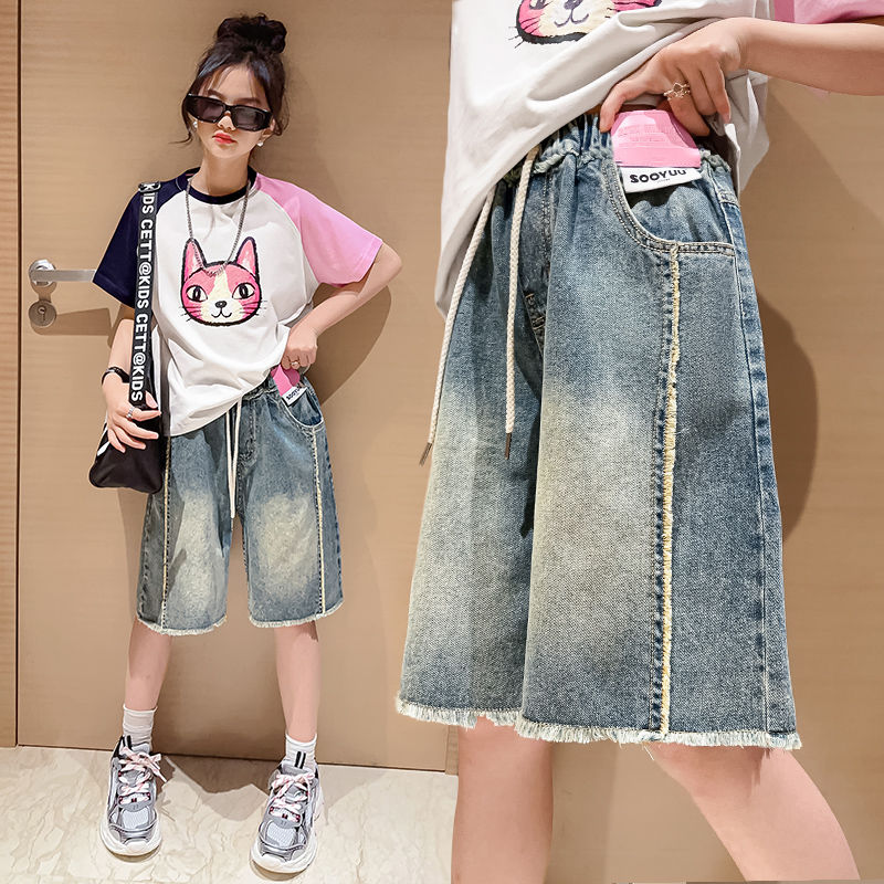 Girls' denim shorts summer thin section middle-aged and older children's foreign style outerwear casual pants five-point pants loose summer suit