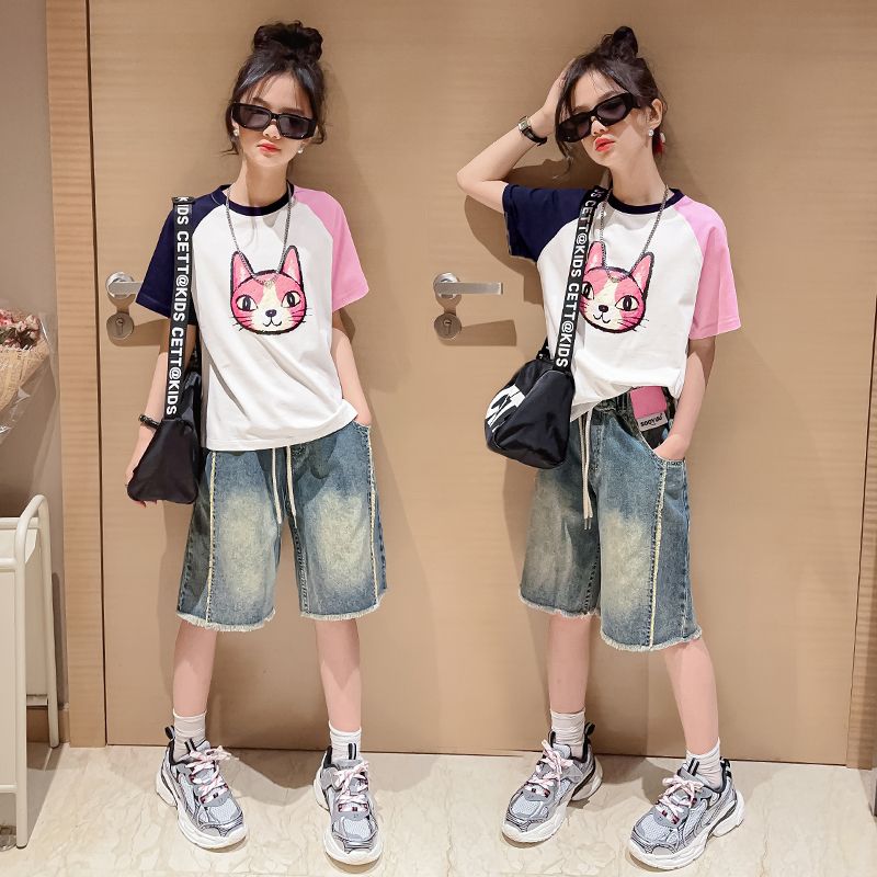 Girls' denim shorts summer thin section middle-aged and older children's foreign style outerwear casual pants five-point pants loose summer suit