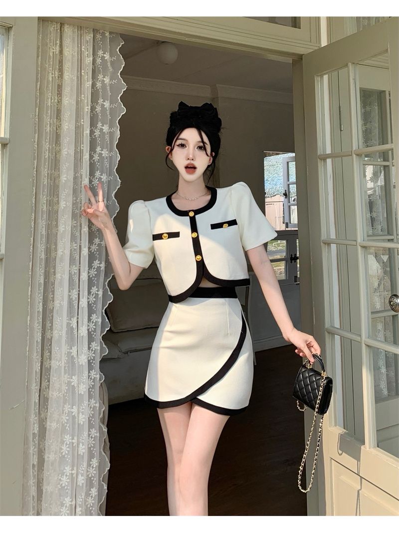Small fragrant wind suit skirt summer new fashion temperament foreign style Korean version contrast color suit jacket high waist skirt