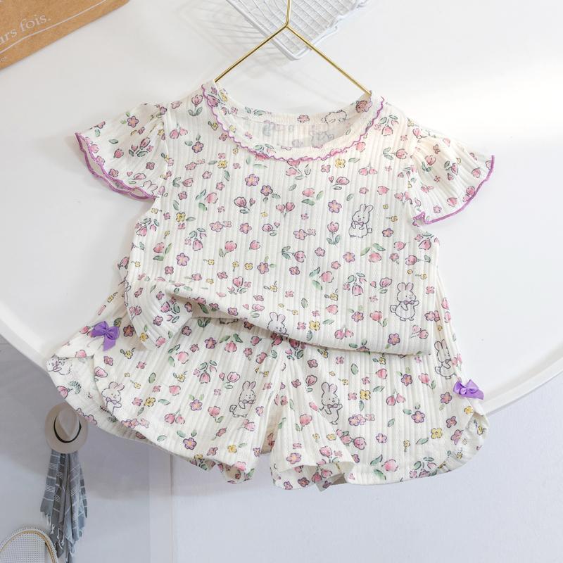 Children's pajamas summer thin baby short-sleeved shorts pure cotton air-conditioning clothes girls Korean style floral home clothes set
