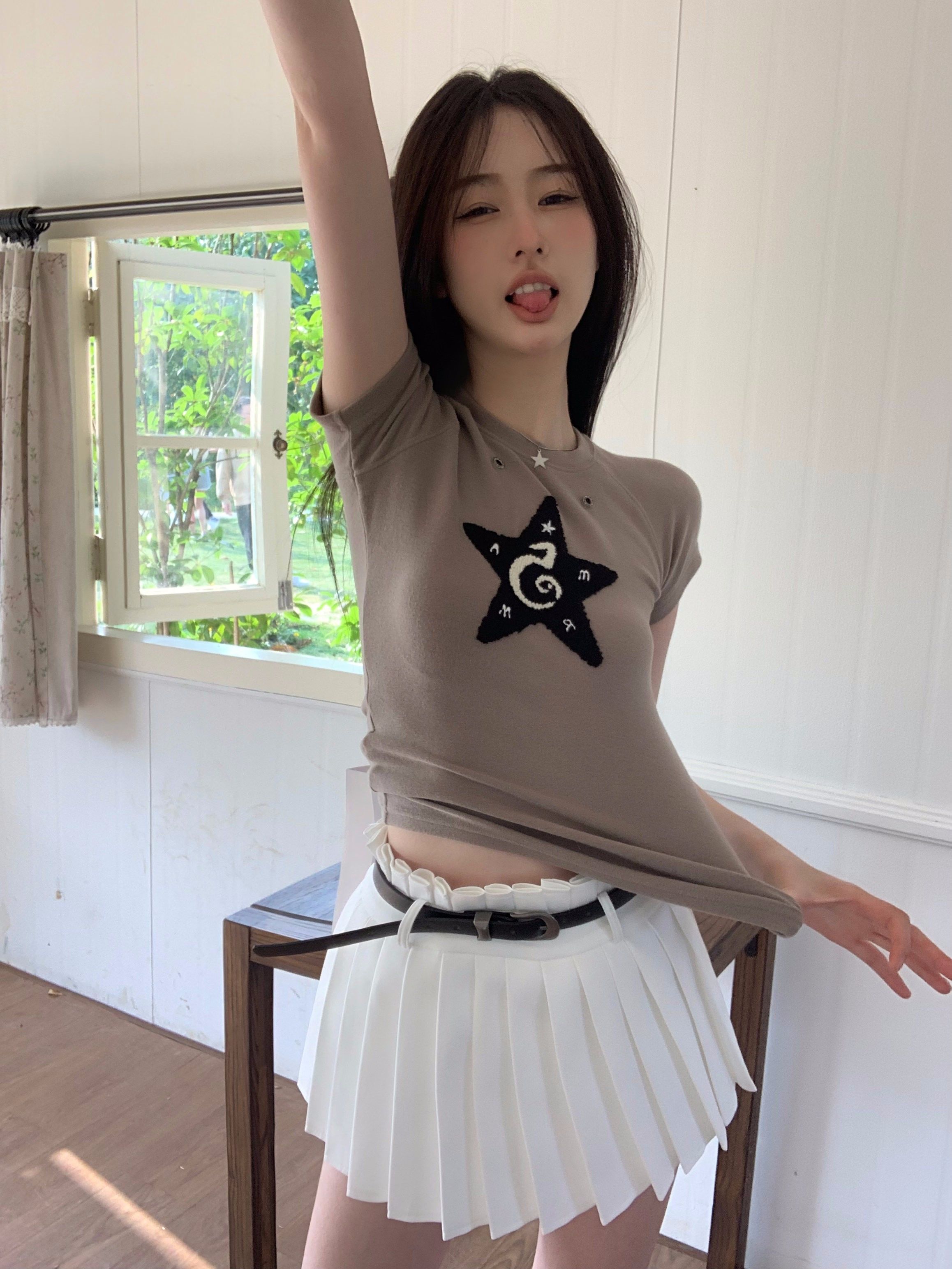 [Positive shoulder pure cotton] sweet and spicy star short-sleeved T-shirt women's summer self-cultivation short design sense niche hot girl top