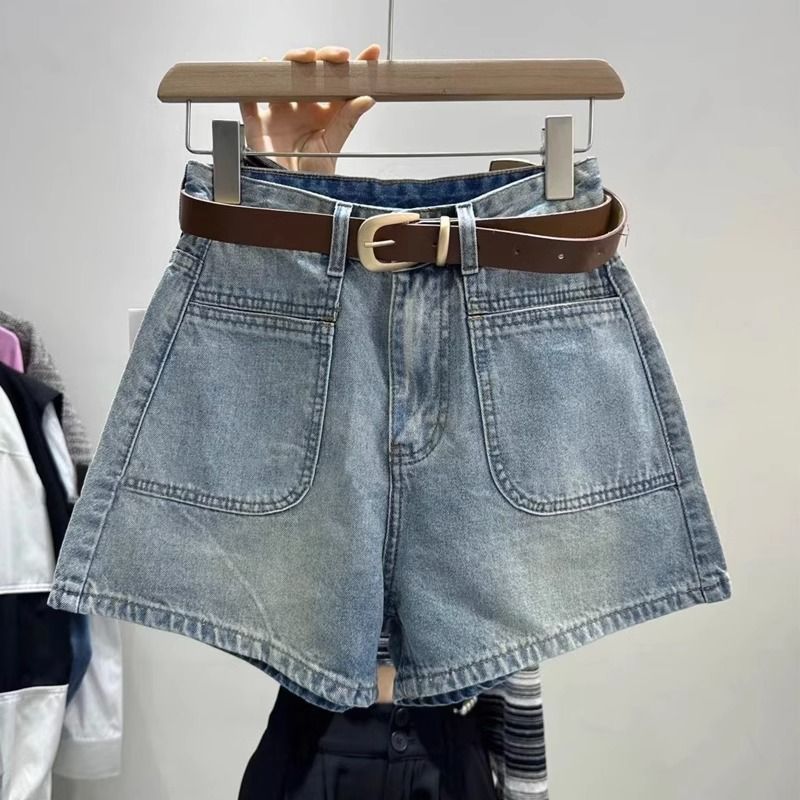 Blue washed retro a-line denim shorts for women summer 2023 new style small high-waisted slimming hot pants