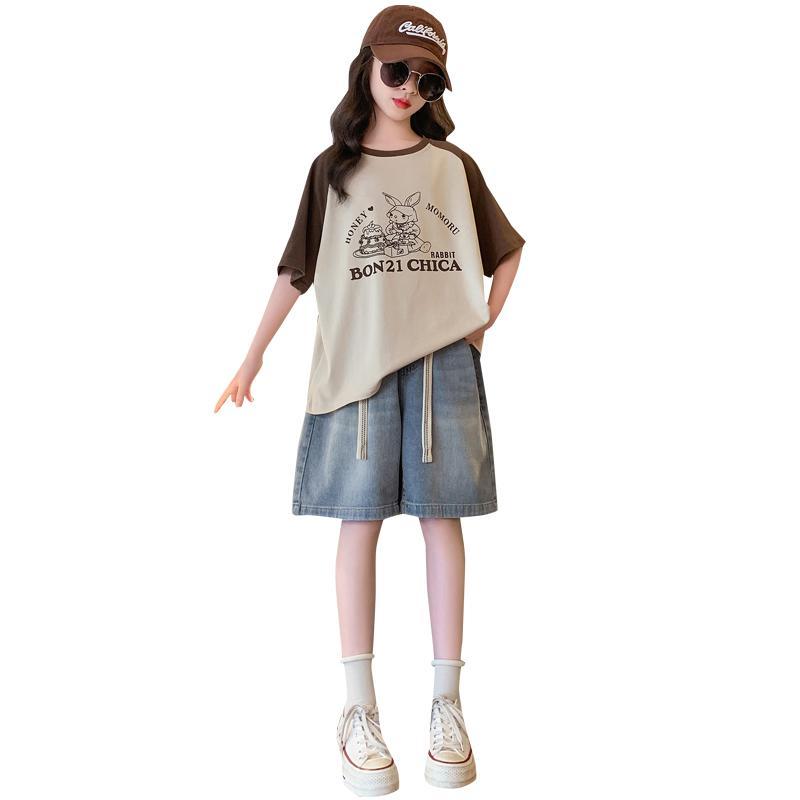女童夏季套装新款女大童洋气短袖牛仔中裤儿童休闲薄款两件套